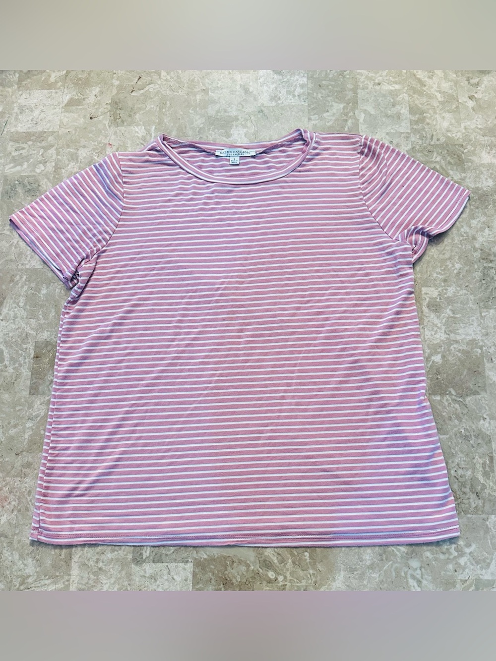 Green Envelope Short Sleeve T-Shirt - Womens Size Large Mauve White Striped